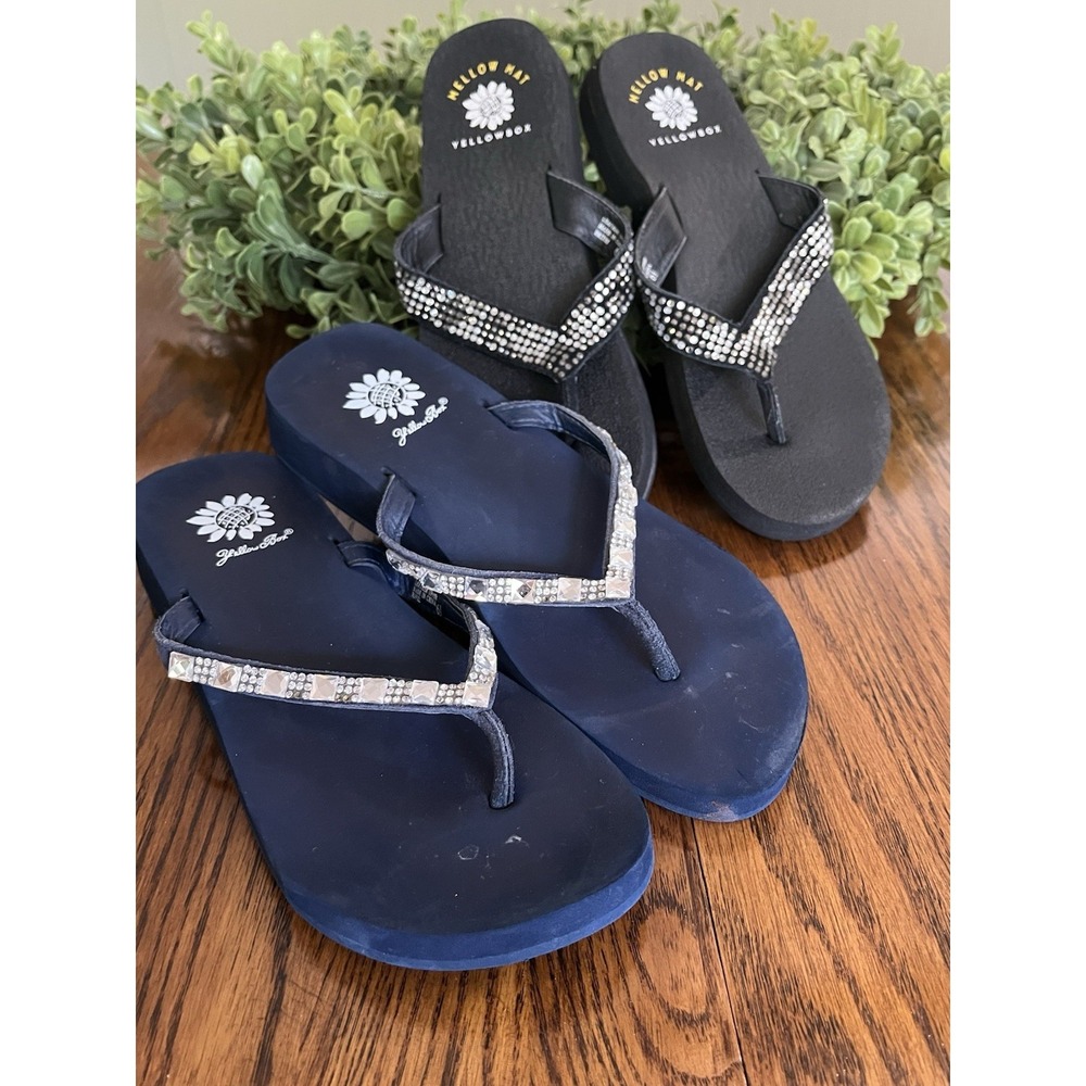 2 Pairs Yellow Box Zemily Sandals Flip Flops Bejeweled Rhinestones Bling Sz‎ 6.5